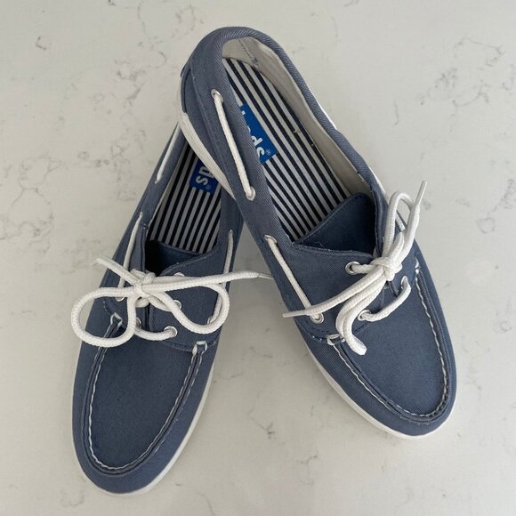 Keds Charter Nautical Casual Slip On Canvas Deck Shoes Blue + White Sz 7.5 - Picture 1 of 11
